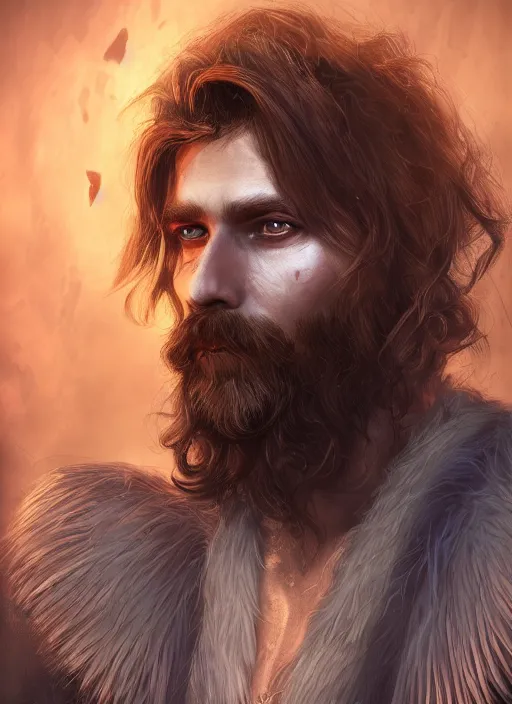 Prompt: an epic fantastic realism comic book style portrait painting of an aasimar warlock, male, shaggy hair, short brown beard, d & d concept art, unreal 5, daz, petrol aesthetic, octane render, cosplay, rpg portrait, dynamic lighting