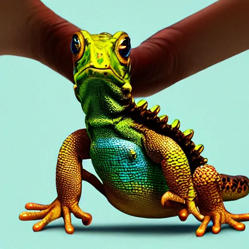 Prompt: three animals, toad with wings front view, Across holding a hand, rainbow reptile front view, Across holding a hand, golden lizard front view, trio, artstation, concept art, master illustration, details, good clear quality, fun - w 704