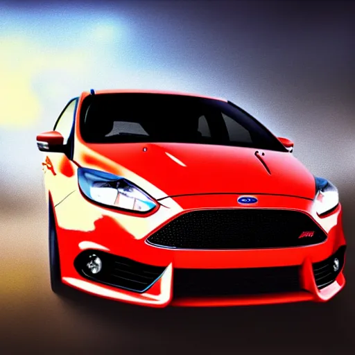 Prompt: ford focus st, fast shot, at night, mist, dark lighting, digital painting, art,