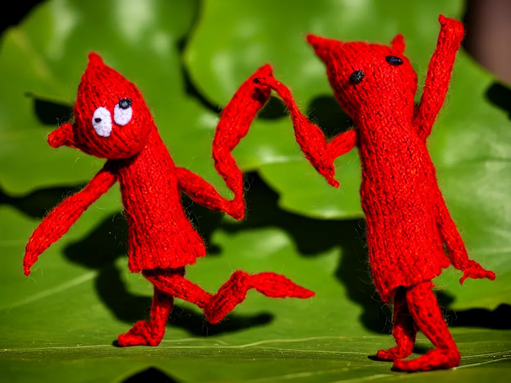 Image similar to a red yarny dancing on a leaf,