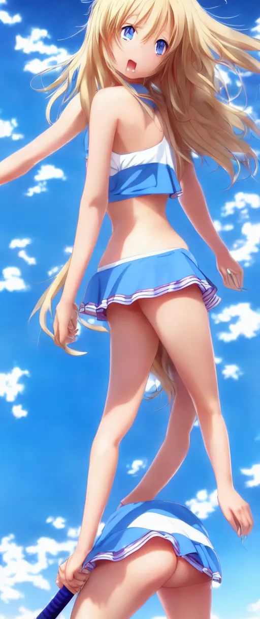 Image similar to a very beautiful young anime tennis girl, full body, long wavy blond hair, sky blue eyes, ( ( ( full round face ) ) ), short smile, bikini, miniskirt, front view, mid - shot, highly detailed, cinematic wallpaper by stanley artgerm lau