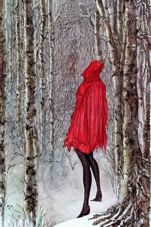 Prompt: detailed red riding hood lost in a winter forest, fantasy art, trending on artstation, fairytales, art by luis royo and walter crane and kay nielsen, watercolor illustration,