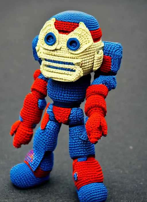 Image similar to a crochet mecha, realistic, no cropping, full body, Sigma 50 mm f/1.4