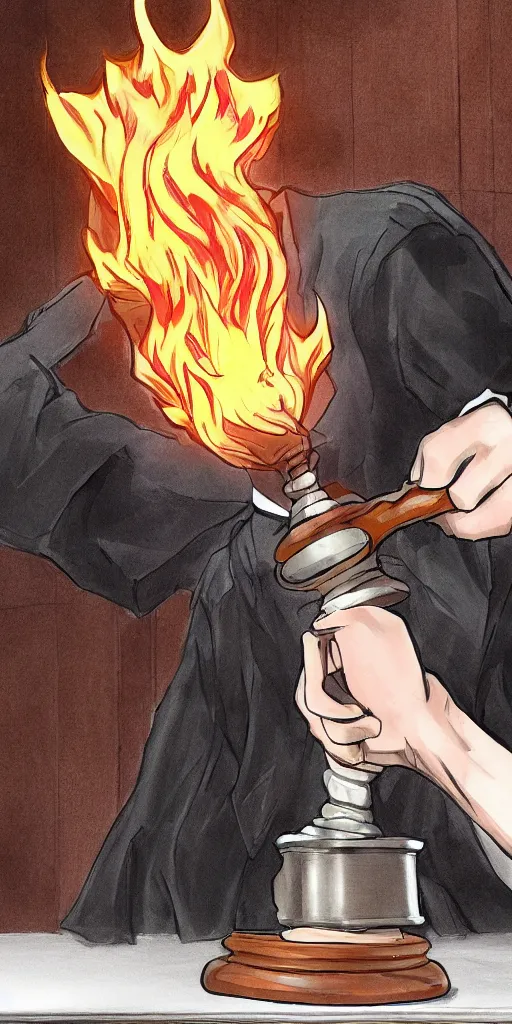 Image similar to powerful anime judge with a magic gavel on fire, in a court room with a scale on his desk, drawn by a famous anime artist, high quality, fine lines, amazing detail