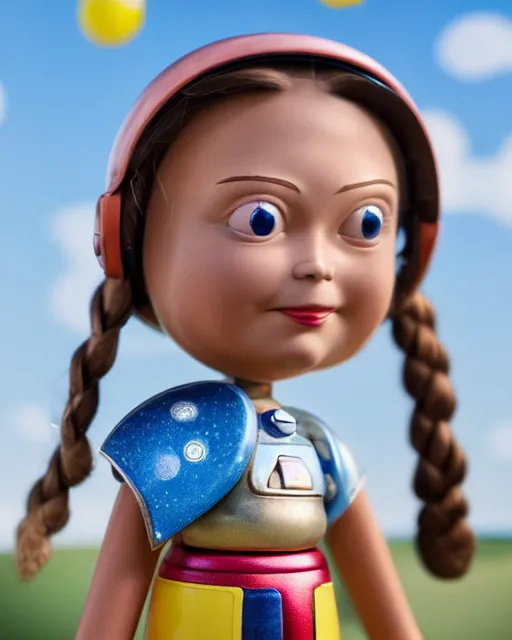 Image similar to closeup face profile portrait of a tin toy greta thunberg as a spacegirl standing next to a saucer - shaped vehicle, bikini, depth of field, zeiss lens, fashion photoshoot by nicoletta ceccoli, mark ryden, lostfish, breathtaking, detailed and intricate environment, 8 k resolution, extremely detailed, beautiful, establishing shot, artistic, hyperrealistic, octane render