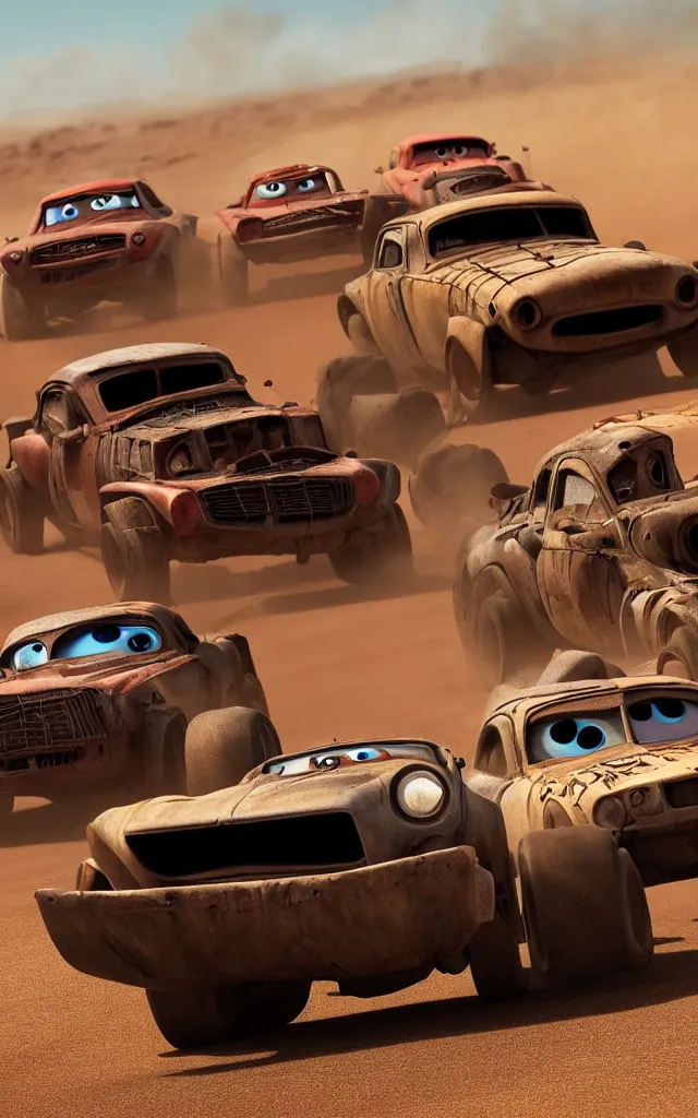 Prompt: pixar cars racing fast in the world of mad max fury road. pixar eyes. 4 k ultra detailed