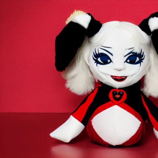 Image similar to an happy lady gaga in harley quinn pupyplush doll, background dark, portrait, 8k