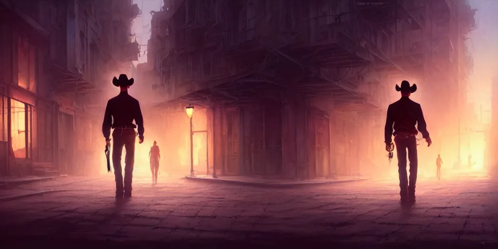 Image similar to a solo cowboy walking in an abandoned city street, cinematic, volumetric moody lighting, highly detailed, digital painting, artstation, concept art, matte, sharp focus, illustration, art by artgerm and greg rutkowski and alphonse mucha