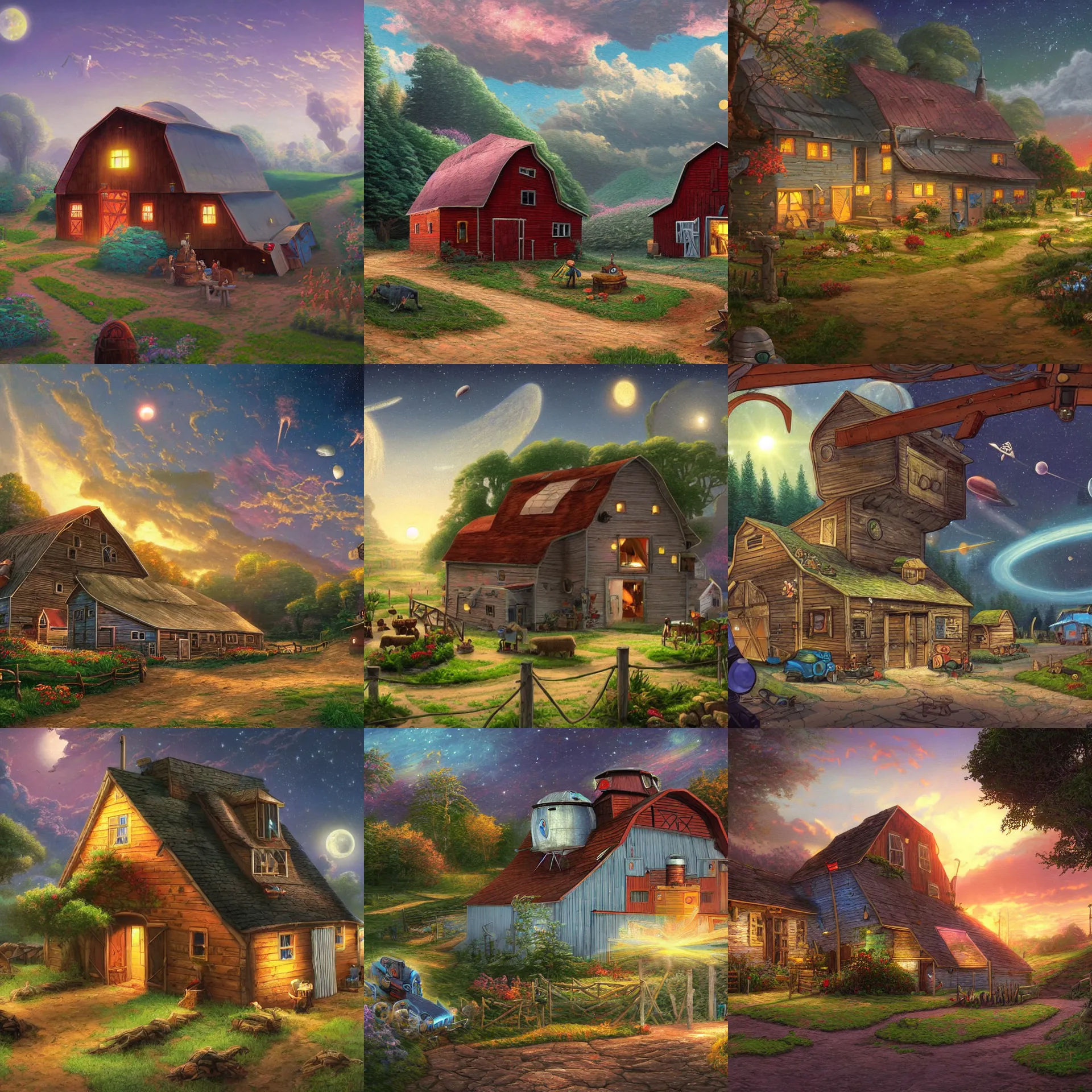 Prompt: in a barn on a farm, on a remote planet, from a space themed point and click 2 d graphic adventure game, art inspired by thomas kinkade