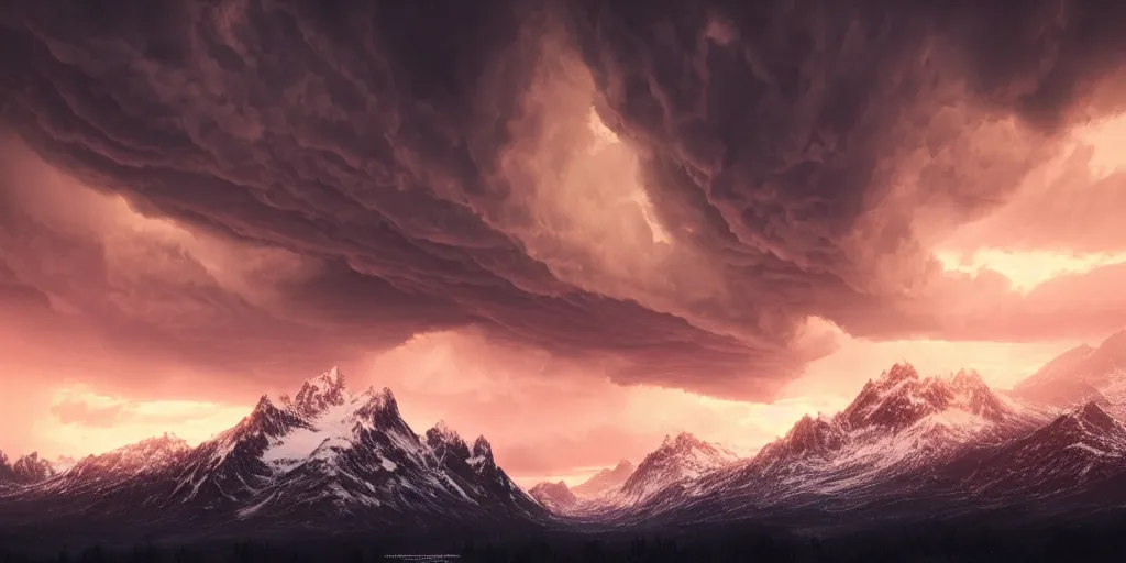 Image similar to a storm dark and brooding far away in the distance, snowcapped mountains in the foreground during sunset, nature, cinematic, hyperrealistic, evil, dark, cgsociety, 8 k, by stephen king