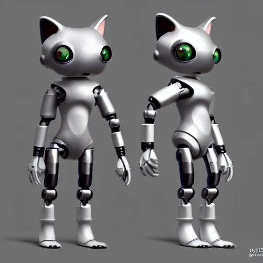 Prompt: A cute cyborg resembling a cat by pixar animation studio, character design, only front and side view model sheet, detailed skin, simpe hands, short hair, arnold 3 materials, octane render and unreal engine 5, sidefx houdini, white background, studio lighting, trending in Artstation, award on CGSociety, EXPOSÉ, by Artgerm and Alphonse Mucha and zaha hadid