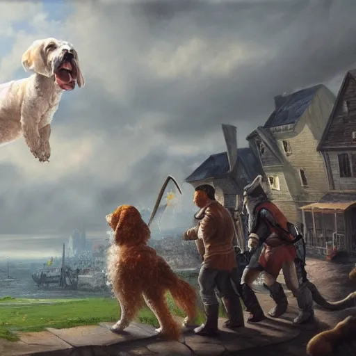 Prompt: a highly detailed oil painting of a giant dog smashing houses, dog, canine, renaissance, bystanders watching from the sides, 4 k, by ariduka 5 5, monokubo, artstation,