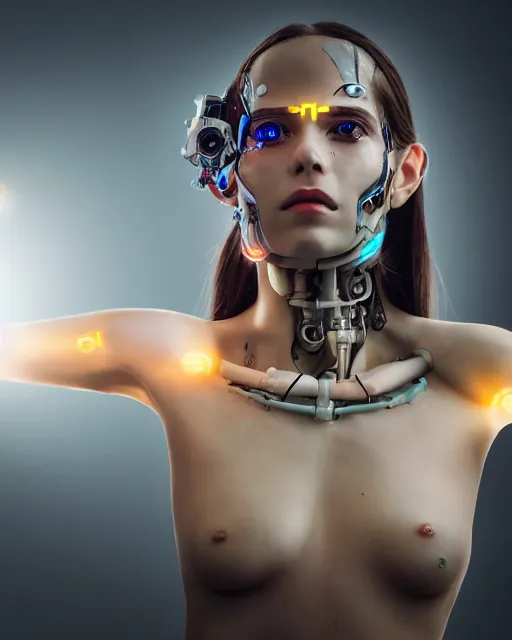 Image similar to photo of dreamy female as a solarpunk cyborg with fluorescent lamps over face, robotic body parts around neck, real human face with skin, ultra - realistic and detailed, long exposure, soft focus hdr 8 k