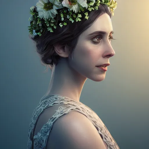 Image similar to intricate highly detailed face portrait of alison brie, flower crown on her head, intricate, cgsociety, unreal engine, octane render, sharp focus, smooth, volumetric lighting, cinematic composition, artstation