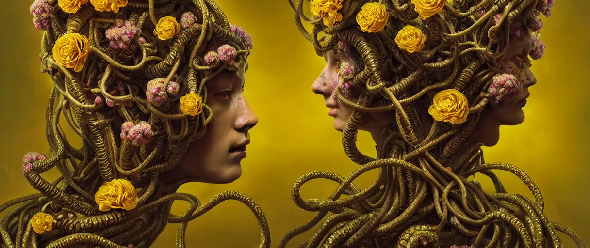 Image similar to hyperrealistic hyper detailed neo-surreal 35mm portrait of rococo cyborg medusa with multiple heads covered in flowers matte painting concept art hannah yata dali very dramatic yellow lighting low angle hd 8k sharp shallow depth of field