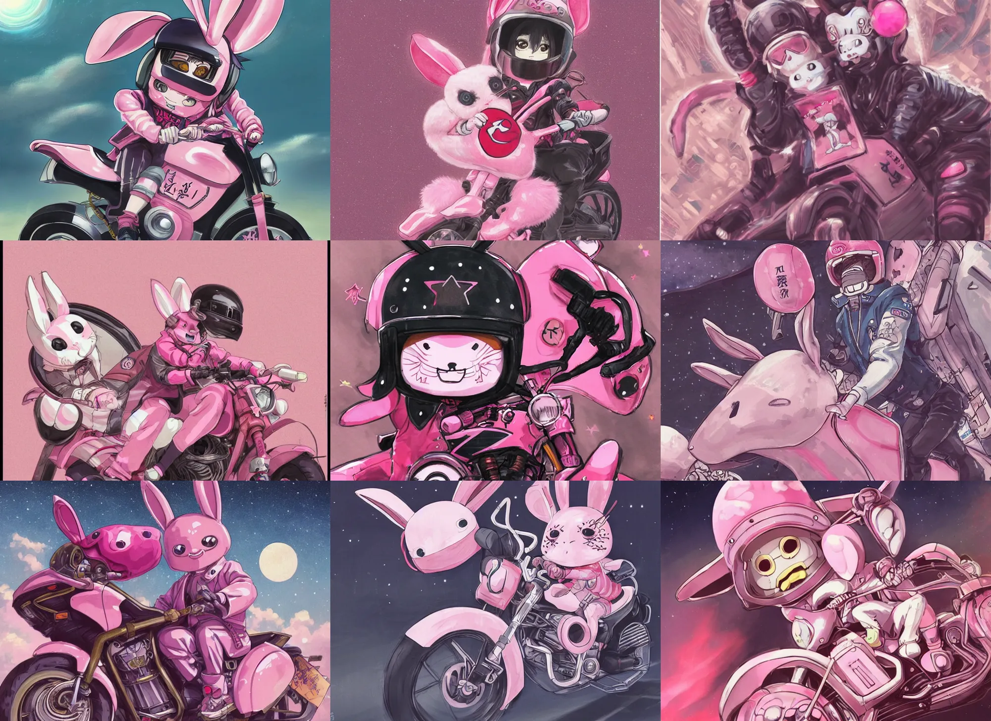 Image similar to official artwork of a half human yokai, motorcycle, helmet, anime pink rabbit wearing a letterman jacket, by Krenz Cushart, detailed art, many stars in the night sky, pink iconic character, 獣, yokai, wallpaper, bunny, large ears, けもの, male character, aesthetic, helmet, ghost, beast, motorbiker, rabbit, rabbit shaped helmet