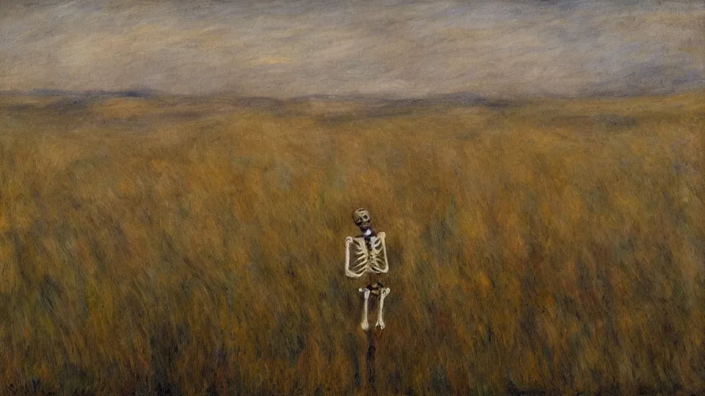 Image similar to a skeleton standing in a stomry, foggy wheat field in style of pierre - auguste renoir,, fine details,