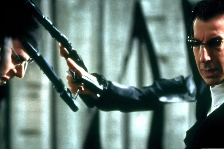 Image similar to film still of Alan Rickman as Neo in The Matrix 1999