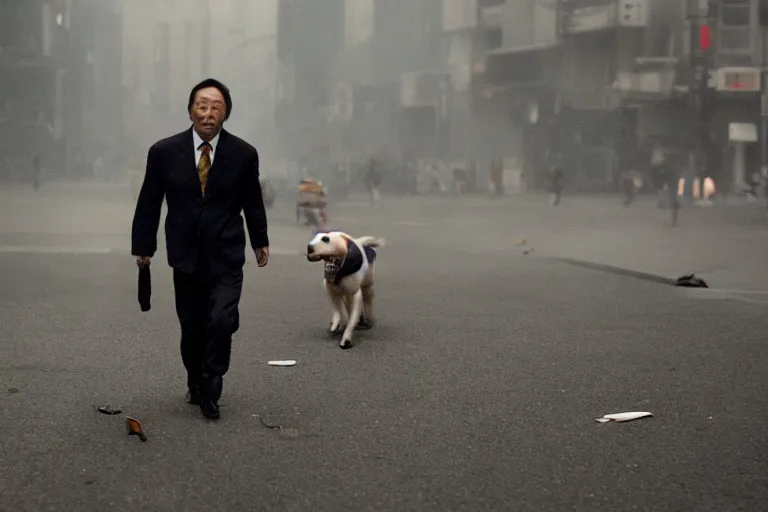 Prompt: cinematography closeup portrait of a Japanese business man carrying his dog running from an explosion in Tokyo by Emmanuel Lubezki