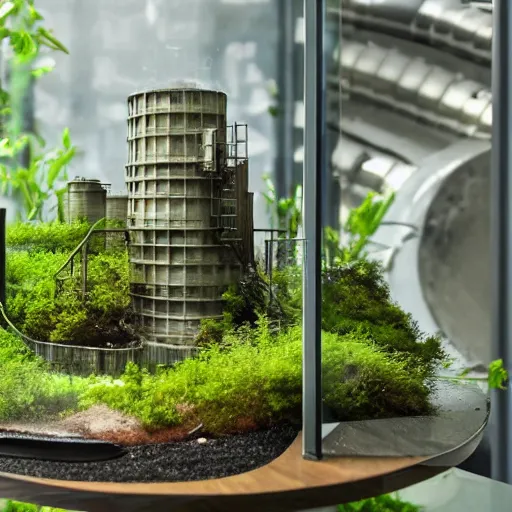 Image similar to a large terrarium with a realistic diorama of a reactor building and cooling tower inside on top of a minimalist table, lit from the side