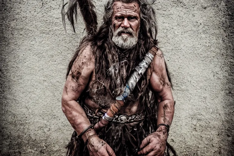 Prompt: character and environment photography, portrait shamanistic infested 5 0 - year - old male barbarian, messy hair, old tattered armor, medium shot, wide angle, 2 0 0 px, full front, natural light