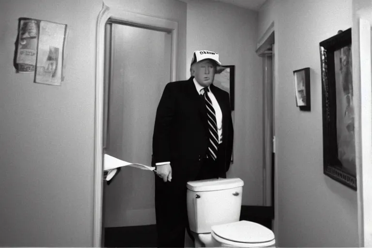 Prompt: black and white security camera footage of Trump putting papers in a toilet, grainy, distorted, blurry