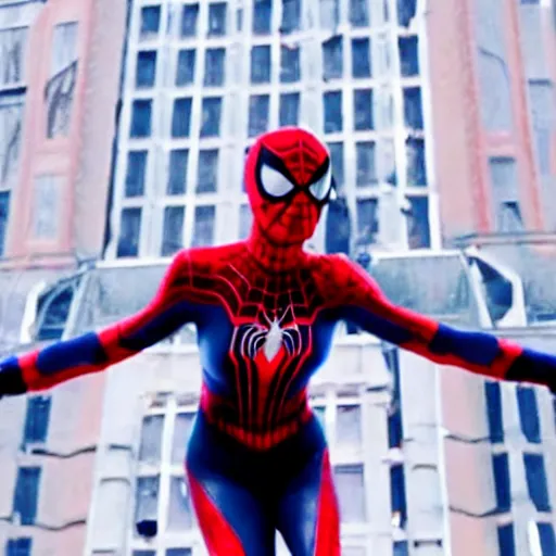 Image similar to A still of Mila Jovovich as spiderwoman in Spiderman 4 (2023), blonde hair with pink highlights, no mask