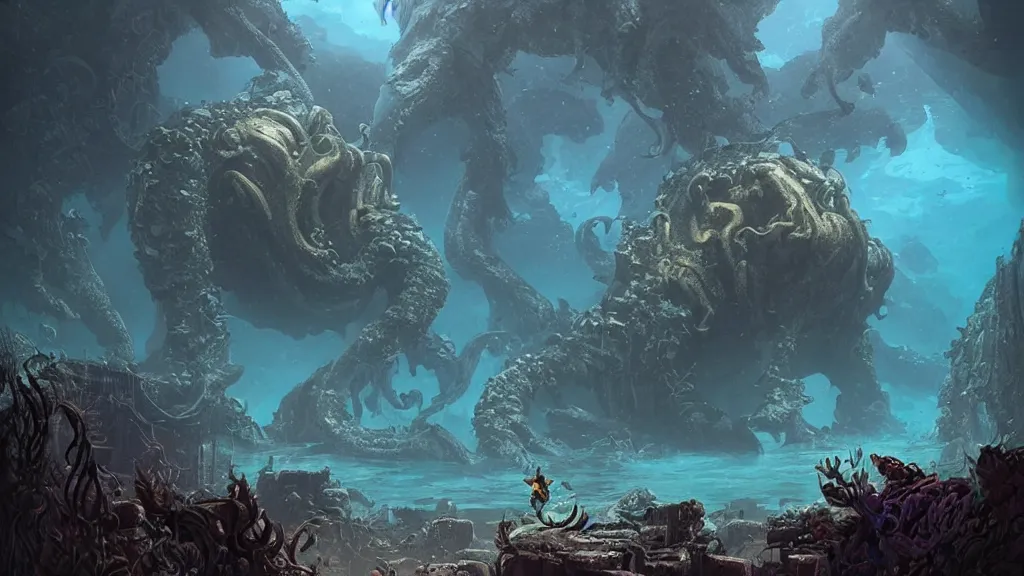 Image similar to A diver is under the sea, he has a treasure with him, he is swimming away from the giant Cthulhu that is behind hunting him, this is an extravagant planet with wacky wildlife and some mythical animals, the background is full of ancient ruins, the ambient is dark with a terrifying atmosphere, by Jordan Grimmer digital art, trending on Artstation,