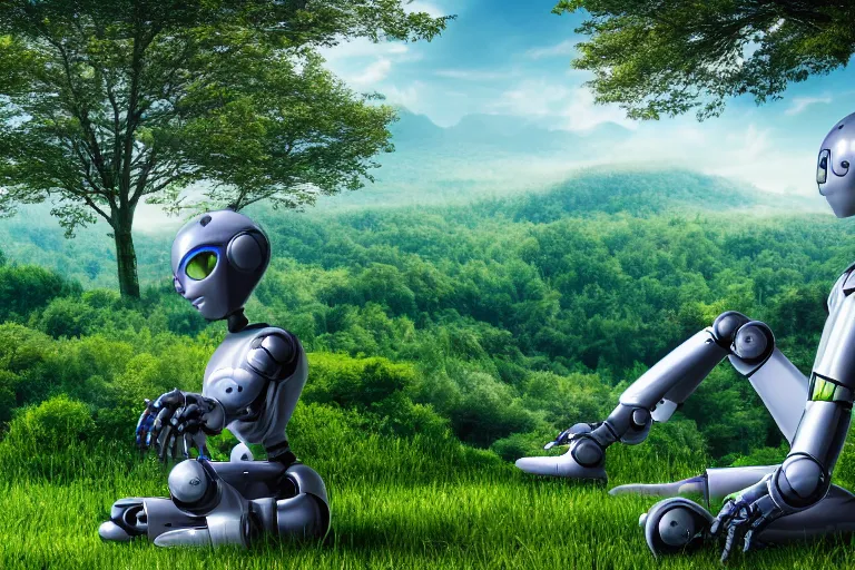Image similar to professional photo of highly-detailed robot sitting cross-legged with its head pointing down realizing he is the last robot in existence, on a small hill, in a fantasy forest with blooming trees and surrounded my wildlife, river flowing beside the robot, 4k, highly detailed, Unreal Engine