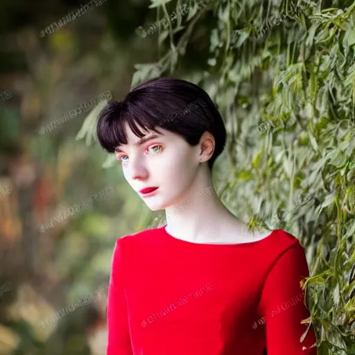 Image similar to portrait of pale 16 years old girl in red dress. She has short black hairs