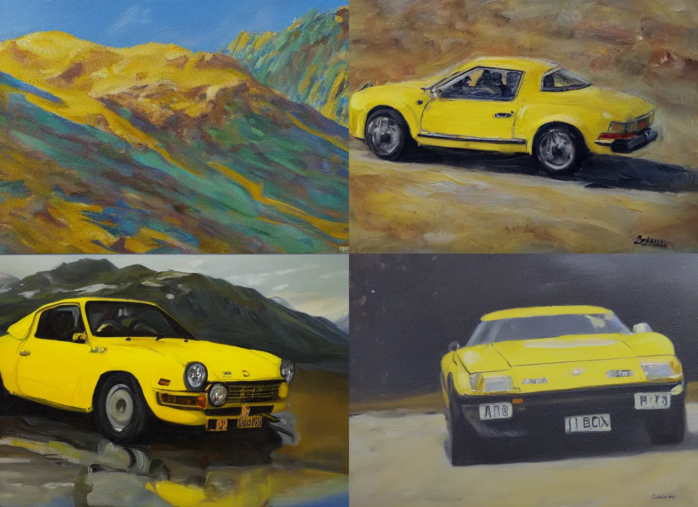 Prompt: an oil painting of a yellow alpine, zoomed out A110