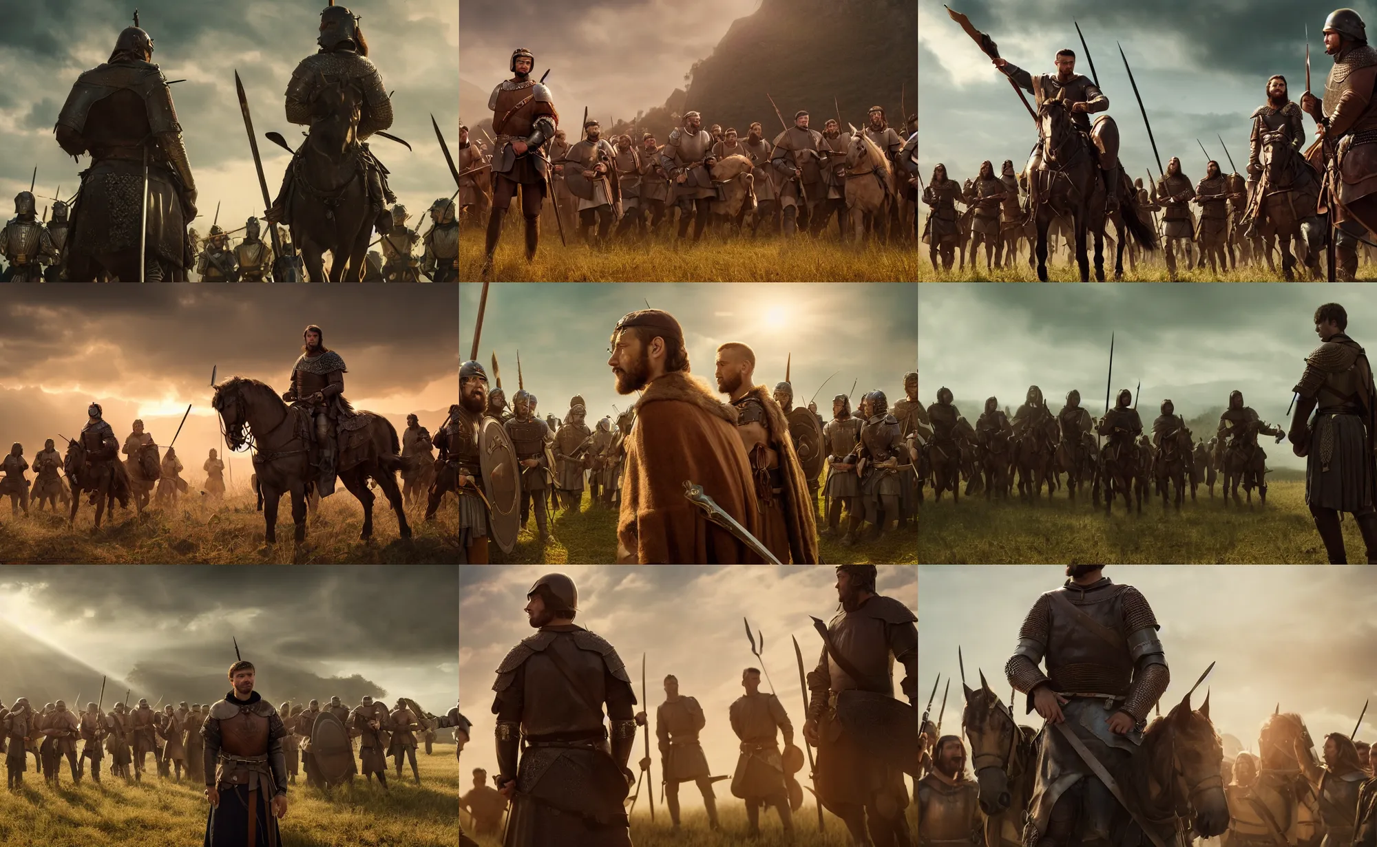 Prompt: dramatic cinematic artwork of a single medieval commander in his twenties with brown hair, hazel eyes and a small chin staring into the distance solemnly with his warriors in front of his warriors by greg rutowski, 4 k, masterpiece, sun rays
