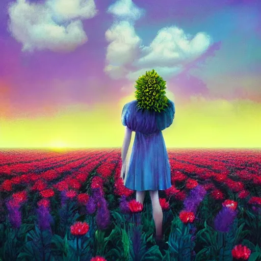 Image similar to giant dahlia flower head, full body girl standing in a flower field, surreal photography, sunrise, dramatic light, impressionist painting, colorful clouds, digital painting, artstation, simon stalenhag