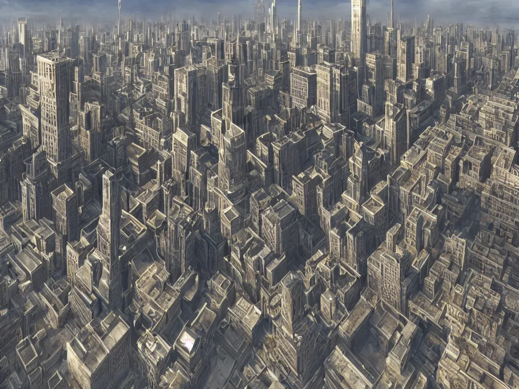 Prompt: gigiantic empty city with six extremely tall towers, global illumination, hyperrealistic, volumetric lighting, epic cinematic shot, perfectly defined features, ambient occlusion