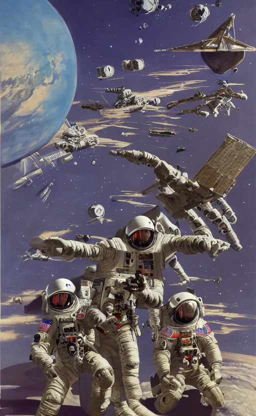 Prompt: epic portrait of a special operations team fighting in space, extremely detailed, in the style of Jim Burns by Robert McCall, 4k, 8k, HD, trending on artstation