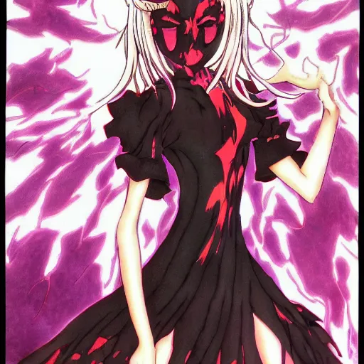 Prompt: Demonic Dirt Elimination Magic Woman, anime by Yoshitaka Amano, color by Kodak