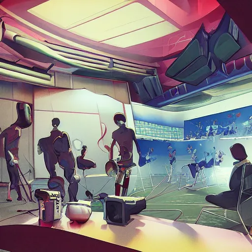 Image similar to sports news studio, concept art, wide lens, cinematic composition, iterior, detail by james jean