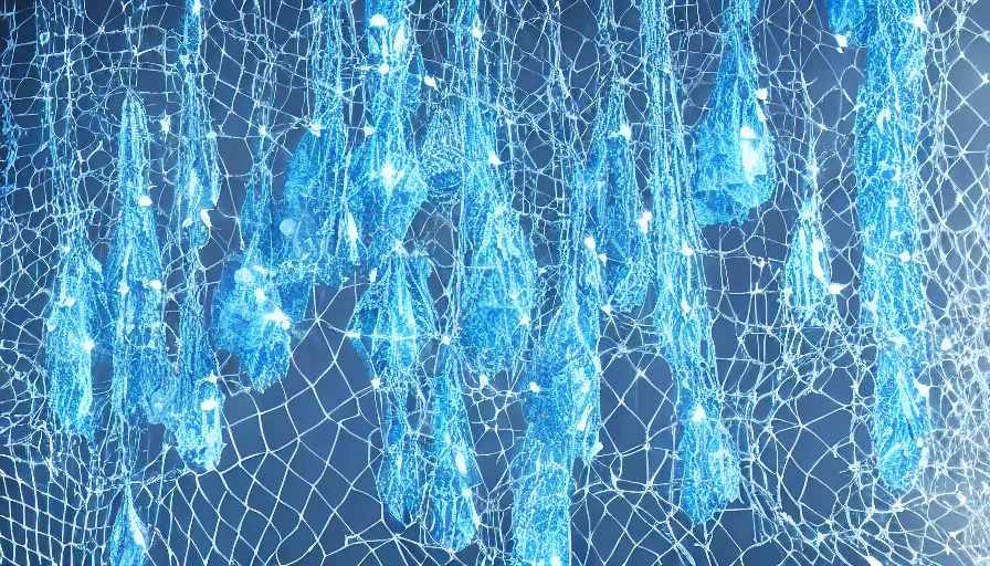 Image similar to crystals hung in a fine chain net, the crystals being ever shining with an inner blue radiance, realistic, octane render