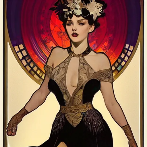 Image similar to deco art by artgerm, greg rutkowski and alphonse mucha. just one black tape project attctive showgirl. full body!! hd, 4 k, stage light. by