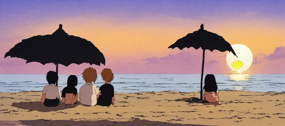 Image similar to a couple watching the sunset by the beach, by Studio Ghibli