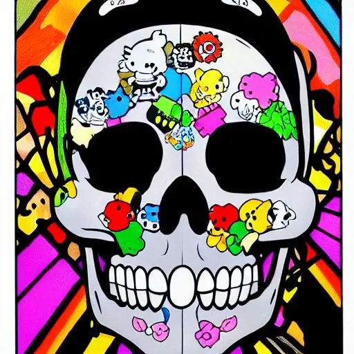 Image similar to portrait painting goofy skull skeleton, hello kitty, comic book, pokemon, highly detailed, art by Singer Sargent and damien hirst