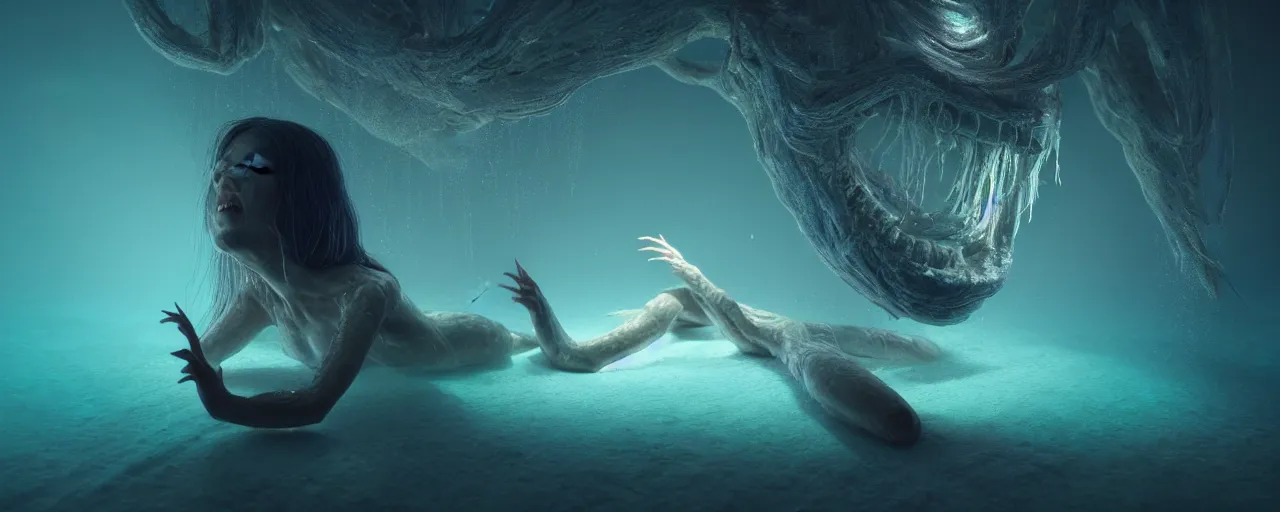 Prompt: ultra realistic horror photo of a dimly lit female alien creature underwater, very intricate details, focus, full frame image, curvy, model pose, artwork by tooth wu and wlop and beeple and greg rutkowski, award winning