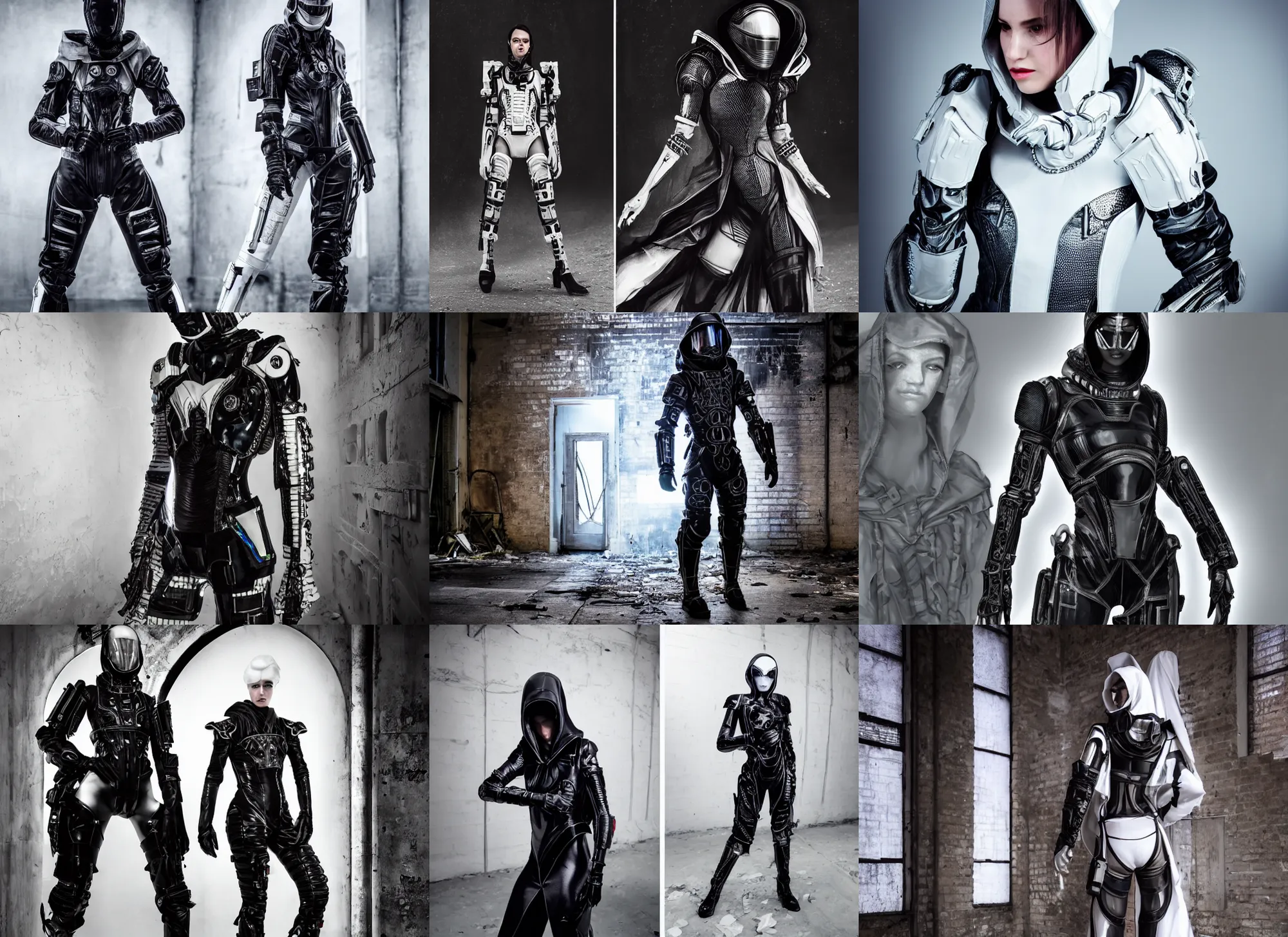 Prompt: beautiful fashion model with white majestic ornate sci - fi tactical gear, black leather garment, hologram sci - fi hood, full shot fashion photography, dark abandoned factory, by irving penn and storm thorgerson, ren heng, peter elson, mass effect concept art