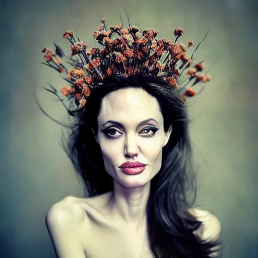 Prompt: fine art photo of angelina jolie, she has a crown of dried flowers, by oleg oprisco