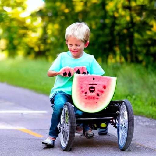 Image similar to a tricycle carrying watermelon, the boy fell asleep in the car, summer