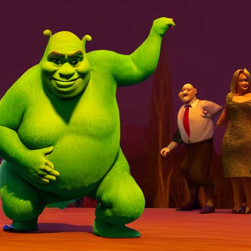 Prompt: shrek and donald trump doing the tango together, cinematic lighting, high particles, realistic shadows, 4 k