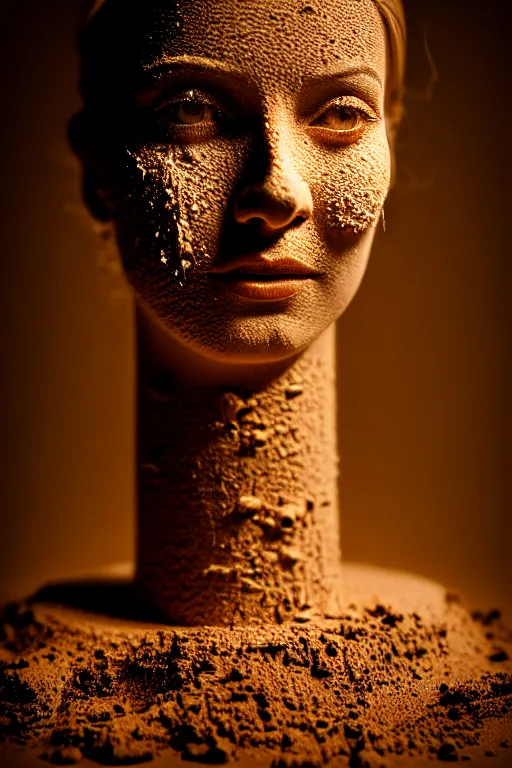 Image similar to portrait of a woman made by wet clay filing drop, ice - carving, editorial photography, film grain, f / 2 2, low contrast, kodachrome, 3 - dimensional, 4 k, hsv, quaternary, 6 spotlight, nixie tube, matte, dirt, mud, clay