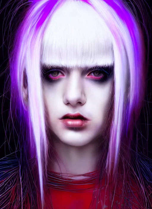 Image similar to hair whitebangs hair, black cyberlox, portrait of teenage girl with white bangs, whitebangsblackhair, messy bangs, cyberlox, whitebangs, red irises, purple clothes, intricate, elegant, glowing lights, highly detailed, digital painting, artstation, concept art, sharp focus, illustration, art by wlop, mars ravelo and greg rutkowski