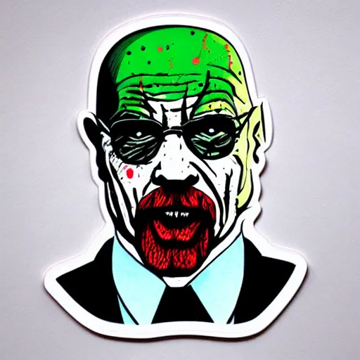 Image similar to die cut sticker, walter white wearing the joker suit, splatter paint