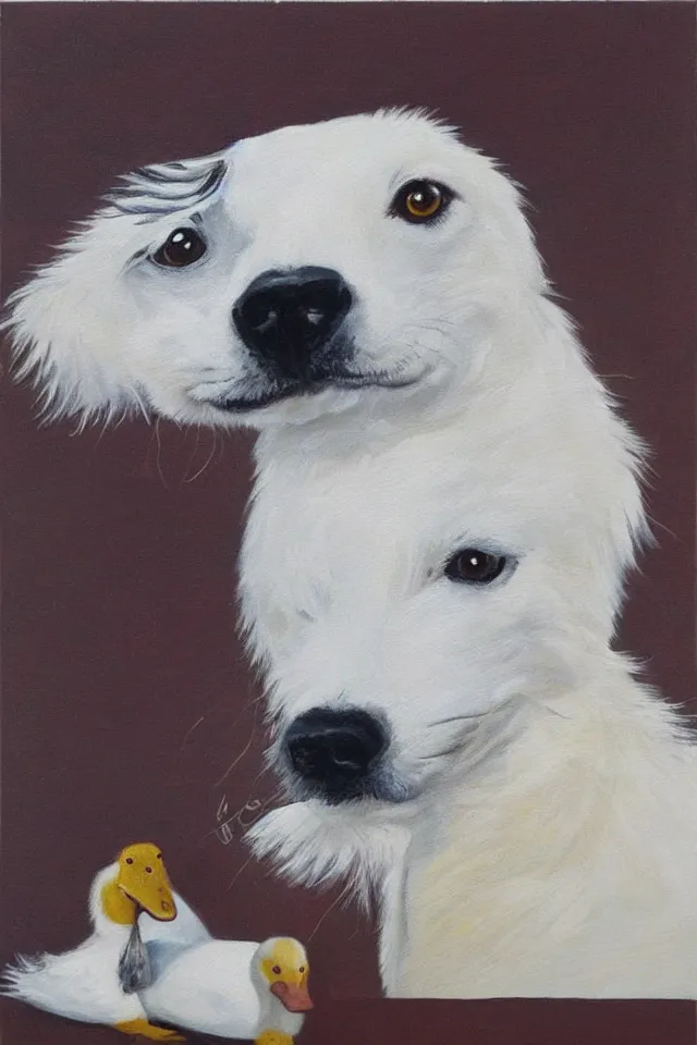 Prompt: painting of a cute white duck and a merle border collie